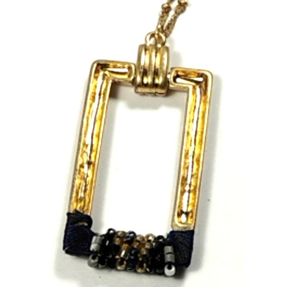 Geometric Rectangle Pendant Necklace, Gold Tone, Black Bead Accents, Long Chain - Picture 3 of 5